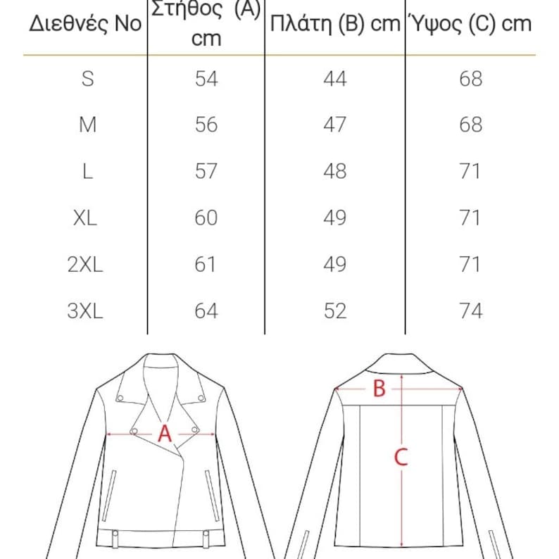 K&ouml;nnte beinhalten: Gr&ouml;&szlig;entabelle f&uuml;r eine Jacke mit Ma&szlig;en in Zentimetern f&uuml;r Brust, R&uuml;ckenbreite und L&auml;nge. Die Tabelle zeigt die Gr&ouml;&szlig;en S, M, L, XL, 2XL und 3XL.
