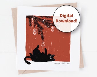 Black Cat Christmas Card Digital Download | Christmas Tree Cat | Happy Holidays Card | Cute Cat Christmas Card | Hand drawn