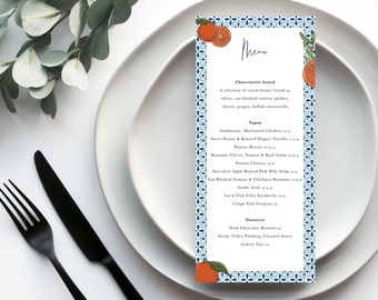 Custom Wedding Menus | Mediterranean Theme | Blue Tiles | Clementines | Illustrated Wedding Menu