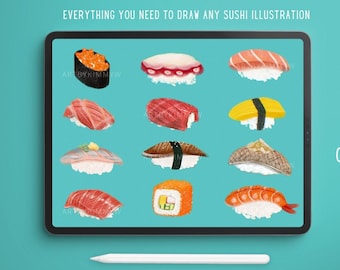 Procreate Sushi Complete Pack • 25 textures & essential food illustration brushes • original files • bonus glitter + paper texture