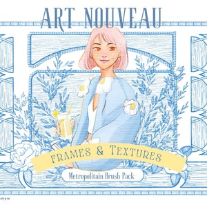 May include: A digital illustration in an Art Nouveau style featuring a woman with pink hair holding a glass of lemonade. The illustration is surrounded by a blue and white frame with floral details. The text "FRAMES & TEXTURES" and "Metropolitan Brush Pack" is displayed on a yellow banner.