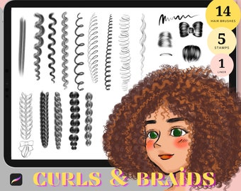 20 Curly Hair & Braids Procreate Essential Brushes, digital brushes, hairstyle brushes and stamps