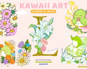 Procreate Kawaii Flowers and Leaves Bundle | 100+ Hand drawn Stamps | Essential Brushes | Sticker Design