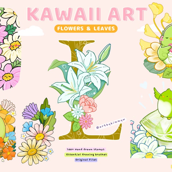 Procreate Kawaii Flowers and Leaves Bundle | 100+ Hand drawn Stamps | Essential Brushes | Sticker Design