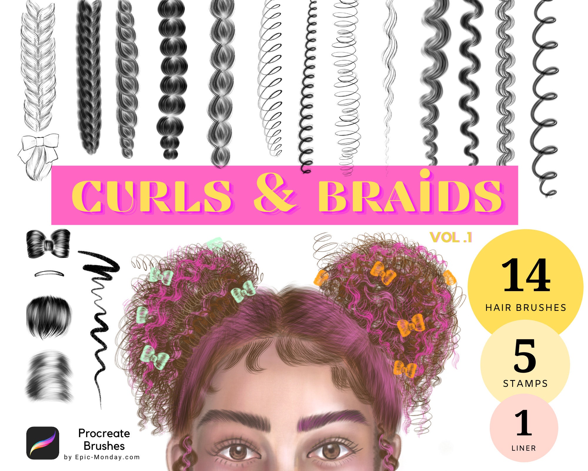 20 Curly Hair & Braids Procreate Essential Brushes Digital Etsy