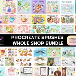 Puede incluir: Una colección de paquetes de pinceles Procreate para artistas digitales. La imagen muestra una variedad de paquetes de pinceles, que incluyen arte kawaii, arte isométrico, dibujo de pasteles, pinceles de nubes y más. El texto "Procreate Brushes Whole Shop Bundle" se muestra en letras grandes y en negrita.