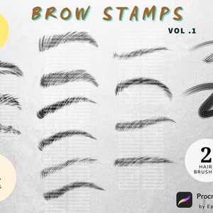 May include: An image showcasing Procreate brow stamps, including 3 creative and 11 natural brow designs, along with 2 hair brushes. The text "BROW STAMPS VOL. 1" is displayed at the top. The image is by Epic-Monday.com.