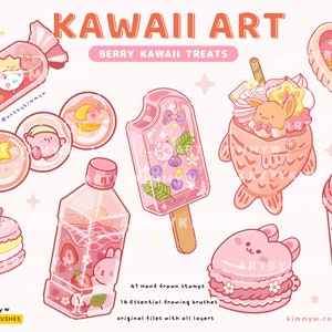 Pode incluir: Um conjunto de 10 ilustrações digitais de guloseimas kawaii de frutos vermelhos, incluindo um doce, uma pirulito, um picolé, uma garrafa de suco, um macaron, uma pastelaria em forma de peixe, uma xícara de café e um biscoito em forma de coração. As ilustrações são de cor rosa, branca e azul e apresentam personagens de desenhos animados fofinhos.