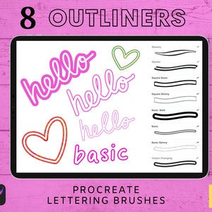 8 Procreate Outline Brushes for lettering and drawing , with 1 colour changing monoliner.