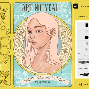 May include: A digital illustration of a woman with pink hair in an Art Nouveau style frame. The frame is decorated with roses and geometric patterns. The text "ART NOUVEAU" is at the top of the image. The text "FRAME DRAWING BRUSHES Art by Kimmy W" is at the bottom of the image. The image is a Procreate brush set for digital artists.