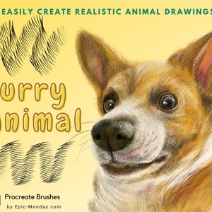 May include: A set of Procreate brushes for creating realistic fur on animals. The image shows a close-up of a dog's face with a furry texture, and the text "Furry Animal" is displayed in a yellow bubble.