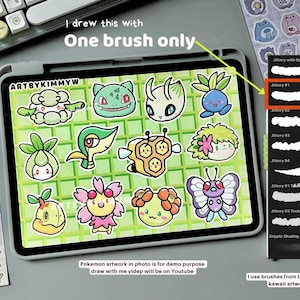 May include: A digital drawing tablet with a green background and a grid pattern. The tablet displays a collection of colourful cartoon characters, including a green Pokemon character, a butterfly, and a bee. The text "I drew this with One brush only" is displayed above the tablet. The text "ARTBYKIMMYW" is displayed on the tablet. The text "Pokemon artwork in photo is for demo purpose draw with me video will be on Youtube" is displayed below the tablet. The text "Jittery 01" is highlighted in orange on a black panel to the right of the tablet. The text "I use brushes from this pack to create all my kawaii artwork and stickers" is displayed below the black panel.