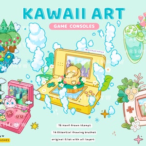 May include: A set of digital art brushes featuring cute, cartoon-style game consoles with floral and nature-themed designs. The consoles are in various colors, including blue, green, pink, and yellow. The image includes the text "KAWAII ART GAME CONSOLES" and "Artbykimmyw PROCREATE BRUSHES".