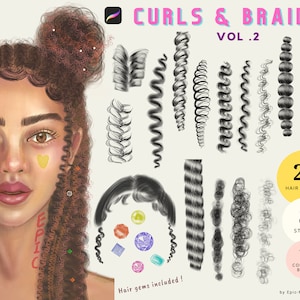 May include: A digital illustration of a woman with curly hair and two buns. The image includes 21 hair brushes, 8 stamps, and 1 coloring brush. The text "CURLS & BRAIDS VOL. 2" is at the top of the image. The text "Hair gems included!" is at the bottom of the image.
