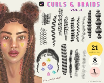 30 Curly Hair & Braids Procreate Essential Brushes, digital brushes, hairstyle brushes and stamps