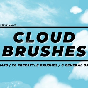 May include: A digital illustration of clouds against a light blue sky. The text "CLOUD BRUSHES" is in a black rectangle with a white outline. Below the rectangle is the text "24 STAMPS / 20 FREESTYLE BRUSHES / 6 GENERAL BRUSHES".