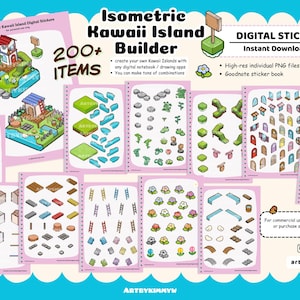 Pode incluir: Autocolantes digitais Isometric Kawaii Island Builder com mais de 200 itens. A imagem mostra vários elementos de autocolantes digitais para criar ilhas personalizadas, incluindo edifícios, terreno e elementos decorativos. Os autocolantes estão disponíveis como ficheiros PNG de alta resolução.
