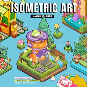 Paquete de sellos isométricos Kawaii Islands de Procreate / Sellos dibujados a mano de alta calidad / Más de 80 sellos / Pinceles esenciales / Archivos originales