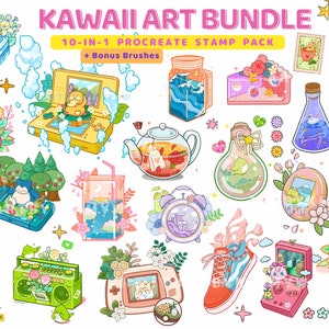 Puede incluir: Un conjunto de 10 sellos digitales kawaii para Procreate, con ilustraciones lindas de una taza de té, una consola de juegos, una botella, un zapato y más. Los sellos son perfectos para agregar un toque de fantasía a tu arte digital.
