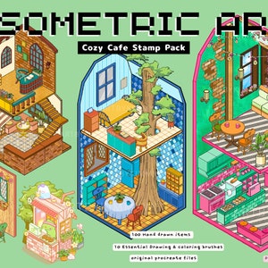 以下が含まれることがあります： 居心地の良いカフェをテーマにした、手描きで作成された100個のアイソメトリックスタンプのセット。スタンプには、家具、植物、食べ物など、さまざまな要素が含まれています。画像には、10種類の必須の描画と着色ブラシ、オリジナルのProcreateファイルも表示されています。
