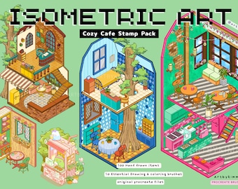 Procreate Isometric Cozy Cafe Stamp Pack | High quality hand drawn stamps | 100+ stamps | 10 Essential brushes | Original Files