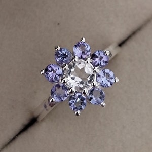 Tanzanite Floral Cluster Ring in Silver Natural Tanzanites Cluster Ring Purple Tanzanite Flower Ring Glowing Tanzanite Ring for December