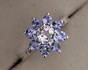 Tanzanite Flower Ring in Sterling Silver with Aquamarine Center