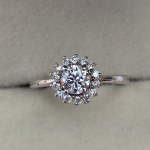Round Moissanite Halo Engagement Ring in 14k White Gold Round White Moissanite Ring Floral Moissanite Ring for her
