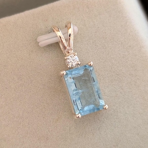 Emerald Cut Aquamarine Pendant: Sterling Silver, Moissanite Diamond Accent
