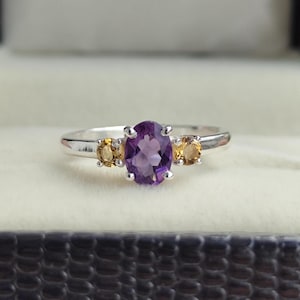 Oval Amethyst Citrine Three stone Ring in 925 sterling Silver Amethyst Cocktail Statement Ring for Her Dark African Amethyst with Citrine