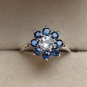 Blue Sapphires Cluster Ring in 14k White Gold Natural Blue Sapphire Flower Ring with Aqua center Australian Blue Sapphire Engagement Ring