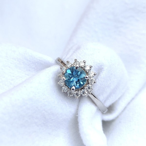 Round Aquamarine Halo Engagement Ring in 14k White Gold Natural Santa Maria Blue Aqua Ring Dark blue Aqua and Diamond Halo Ring for her