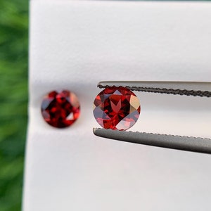 Könnte beinhalten: Zwei runde, rote Edelsteine, einer mit einer Pinzette gehalten, auf weißem Hintergrund.