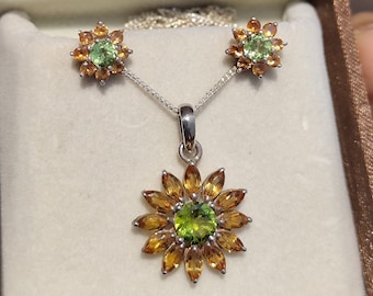 Sunflower Pendant and Earrings Peridot Citrine Sunflower Gemstone Jewelry in 925 sterling silver Golden Sunflower Gemstone Necklace Set Gift