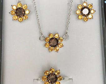 Sunflower Floral Jewelry Set including Ring Necklace Earrings Set in Silver Floral Sunflower Gemstone Jewelry for Gifts for Sunflower Lovers