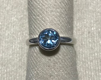 Swiss Blue Topaz Ring, Sterling Silver Bezel Setting, December Birthstone