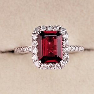 Emerald cut Rectangle Garnet Halo Ring Natural Emerald cut Garnet Ring in 925 sterling silver Rectangle Garnet Ring for Anniversary Gifts