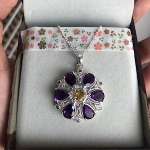 Amethyst Large Flower Pendant In 925 sterling silver Amethyst Pear Cluster Pendant with citrine Center and Tanzanite Side Stones