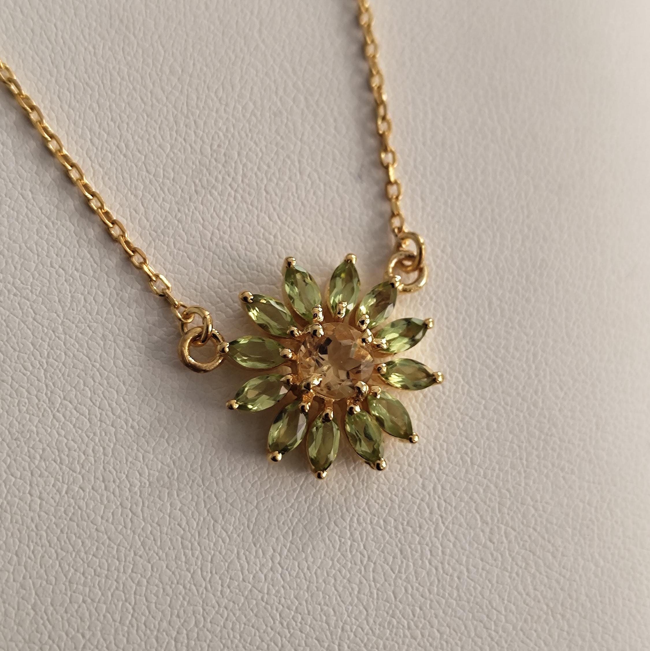 Peridot Marquise Cluster Sunflower Necklace in Yellow Gold Plated over 925 sterling silver Citrine Center with Peridot Flower Necklace