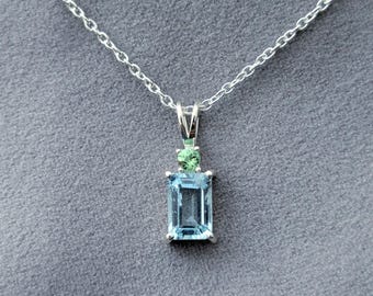 Emerald Cut Aquamarine Pendant: Tsavorite Accent, Sterling Silver