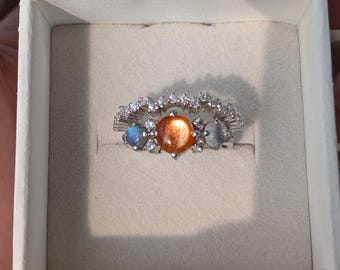 Sunstone Ring with Moonstone and Labradorite Celestial Fire Sun and Moon Ring in 925 sterling silver for a Special Anniversary Gift