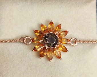 Citrine Sunflower Bracelet: 925 Silver, Smokey Quartz Flower