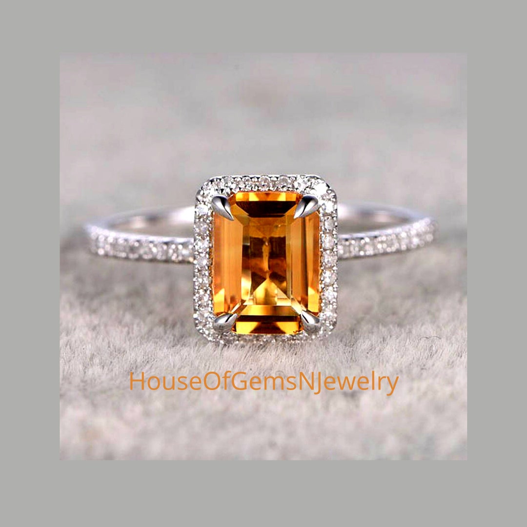 Citrine Gemstone Ring Citrine Emerald Cut Ring With Thin Etsy