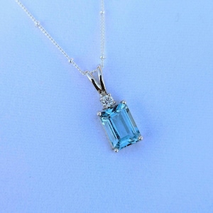 Aquamarine Diamond Rectangle pendant Emerald Cut Aquamarine Pendant Prong set in 925 sterling silver Faceted Aquamarine Pendant for Her