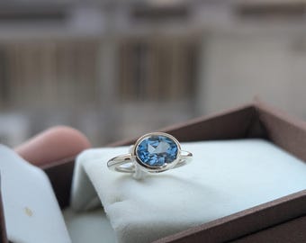 Swiss Blue Topaz Bezel Set Ring in 925 sterling silver Blue Topaz Rings for December Birthdays Gift Natural Topaz Rings for Her