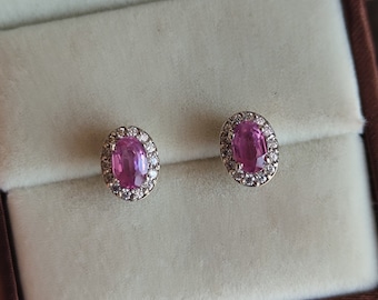 Pink Sapphire Oval Stud Earrings in 14k White Gold Oval Sapphire Halo Studs for Her Natural Pink Sapphire Halo Studs for Anniversary Gifts