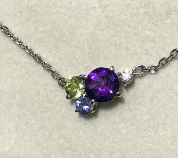 Amethyst Cluster Necklace, Sterling Silver Peridot Tanzanite Moissanite Accent