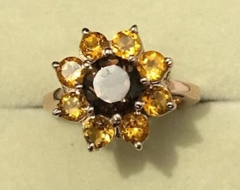 Sunflower Gemstone Ring Natural Smokey and Citrine Ring Citrine Floral Necklace Ring and Earrings Set Sunflower Gemstone Set in Silver
