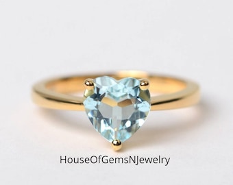 Aquamarin Herz Versprechen Ring - Silber, März Geburtsstein Ring