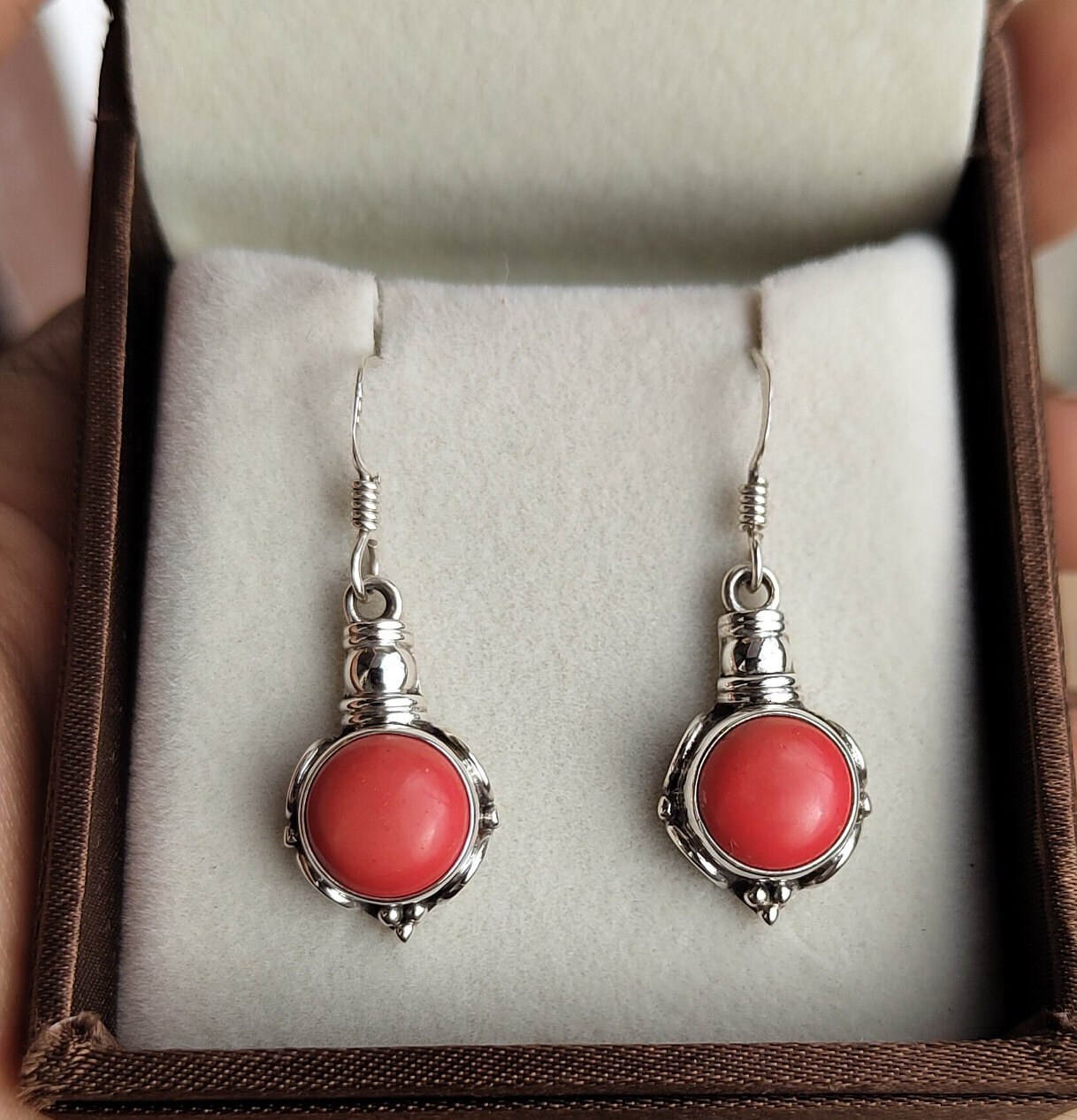 Boucles D'oreilles Pendantes Argent 925 Et Corail Rouge - Neuf Avec étiquettes, Fixation à Clip